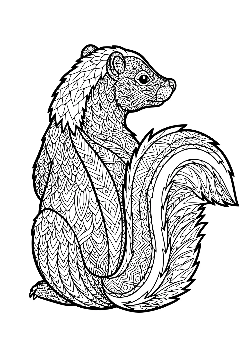 Detailed line art of a sitting skunk with patterned fur and a large fluffy tail.