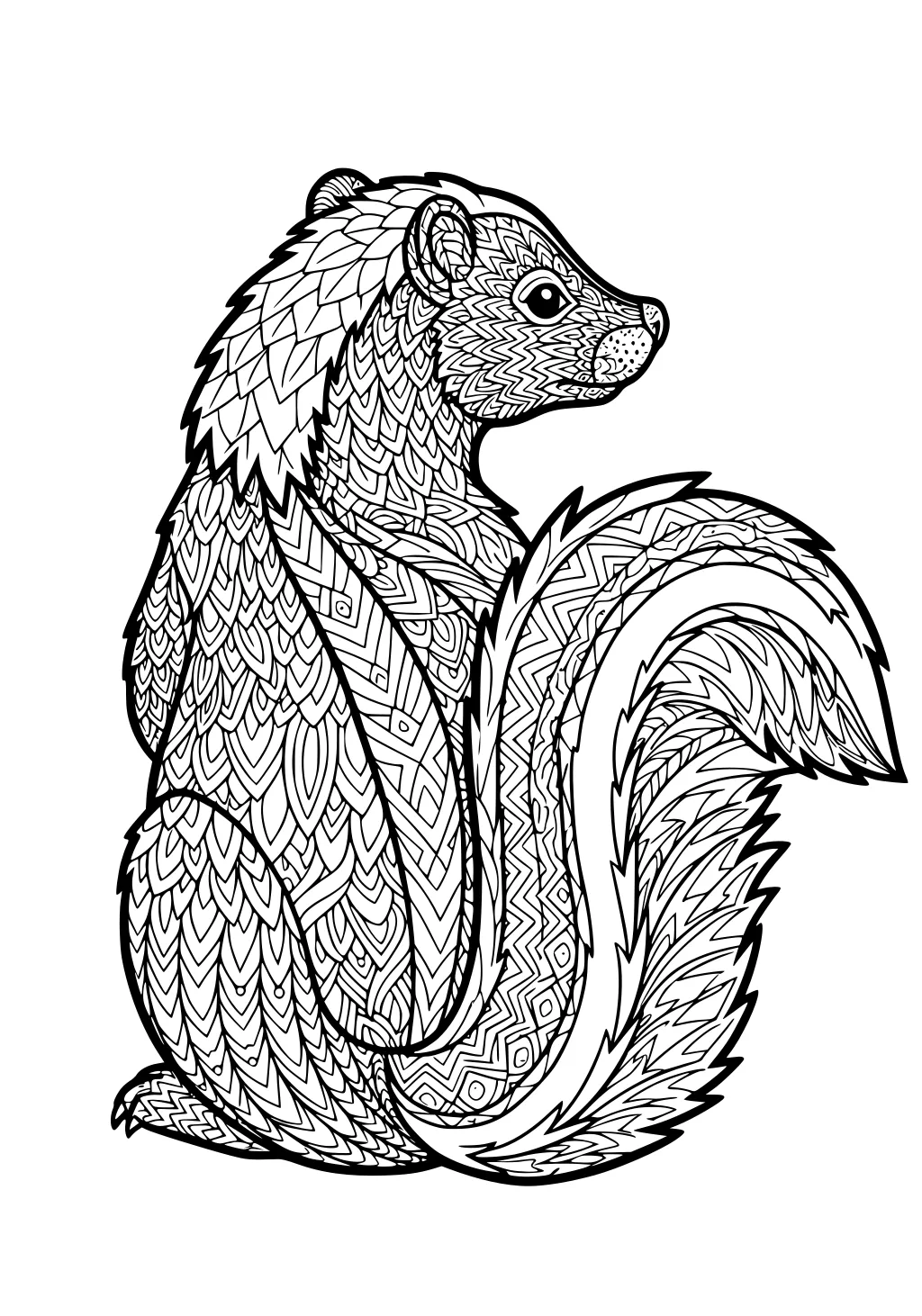 Detailed line art of a sitting skunk with patterned fur and a large fluffy tail.