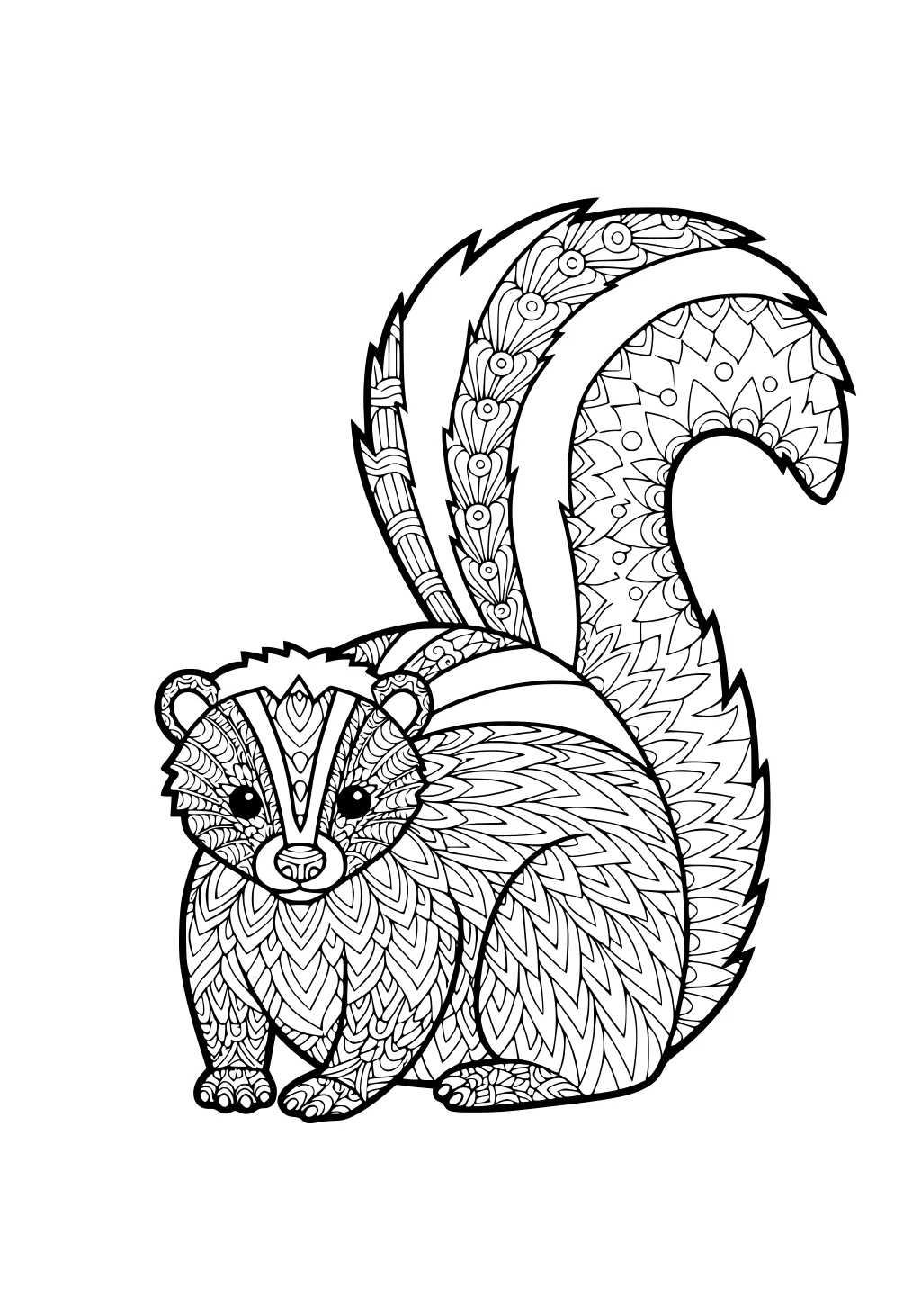 A skunk sits upright with ornate geometric and swirl patterns covering its body and bushy tail.
