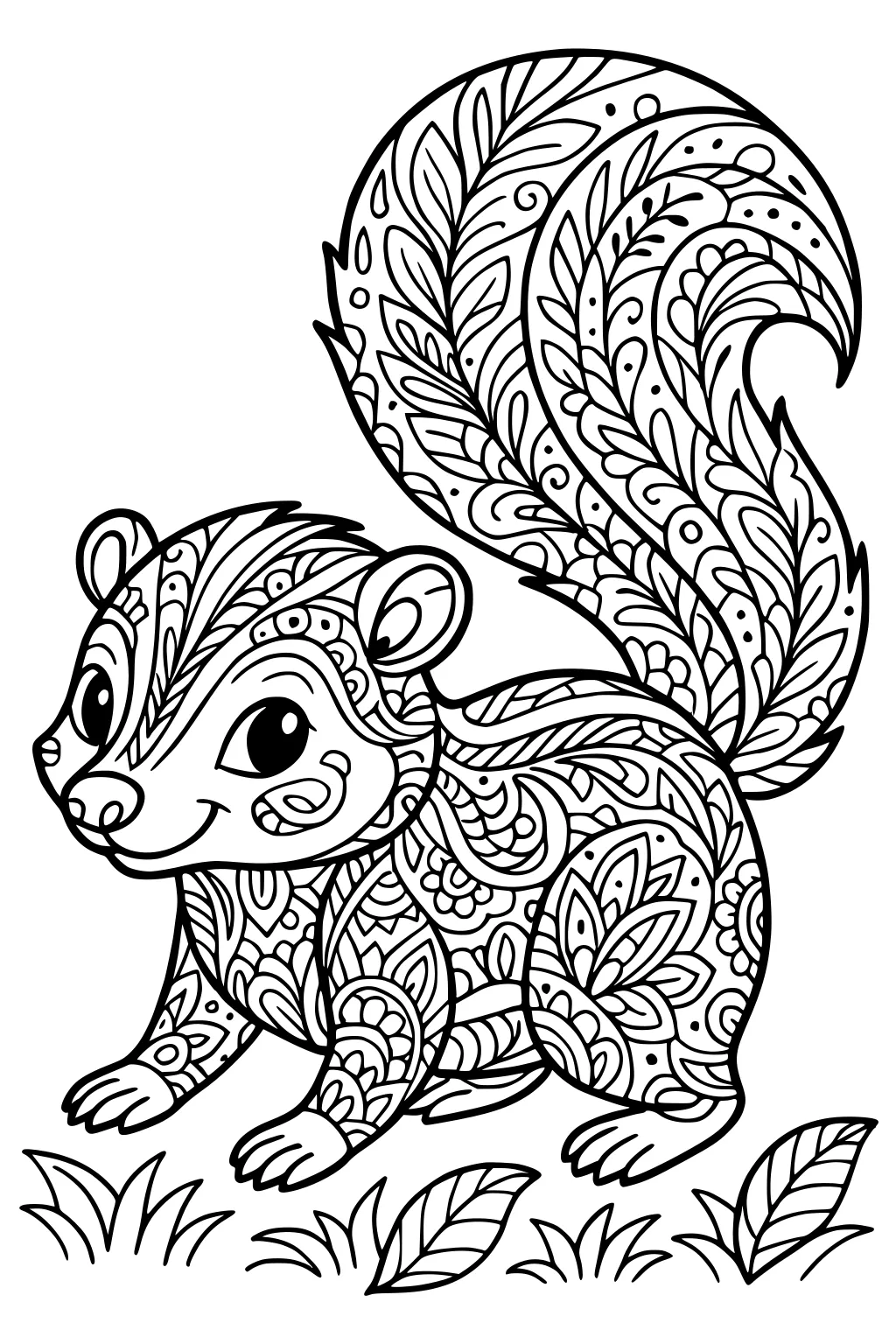 Smiling skunk with large leaf and swirl patterns on its fur, standing on grass with a big fluffy tail held up.
