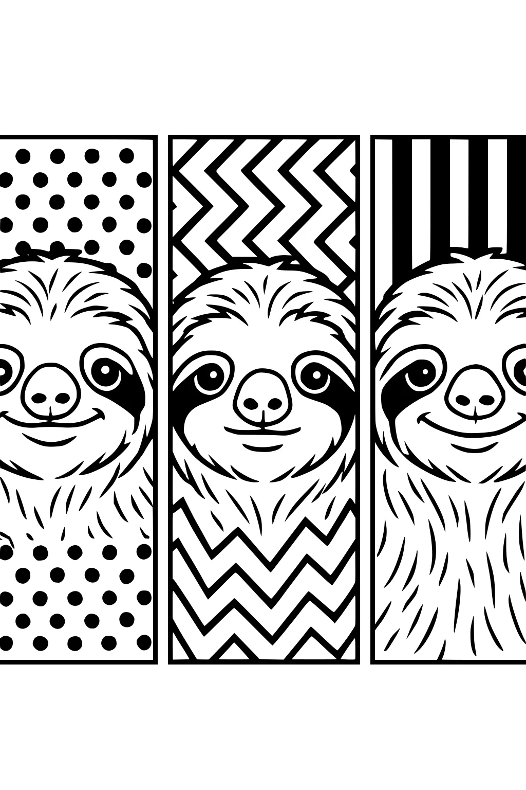 Three sloth faces in rectangles with dot, zigzag, and striped patterned backgrounds.