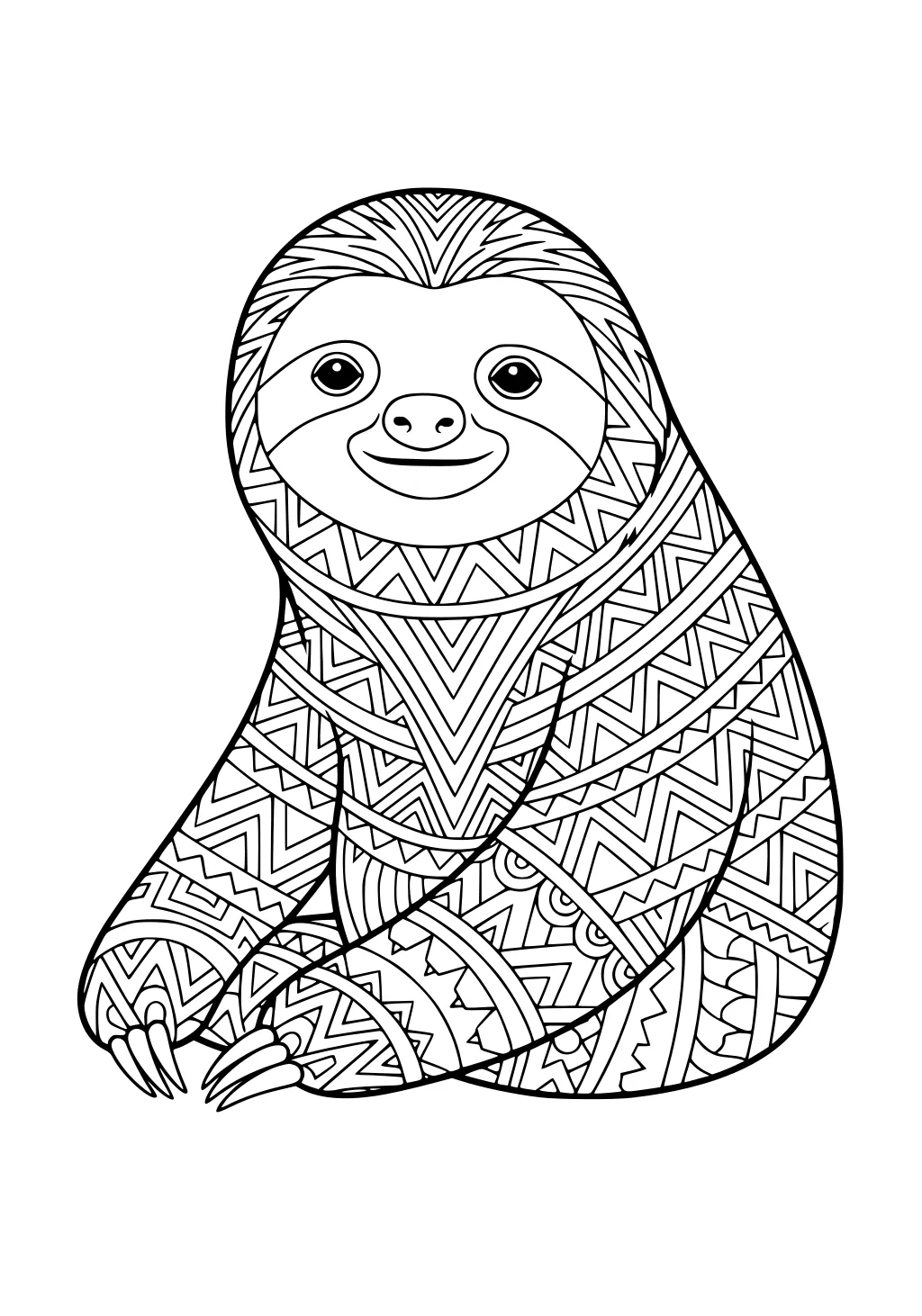 Sitting sloth with a happy face, covered in zigzag and geometric patterns, with long claws folded under its body.