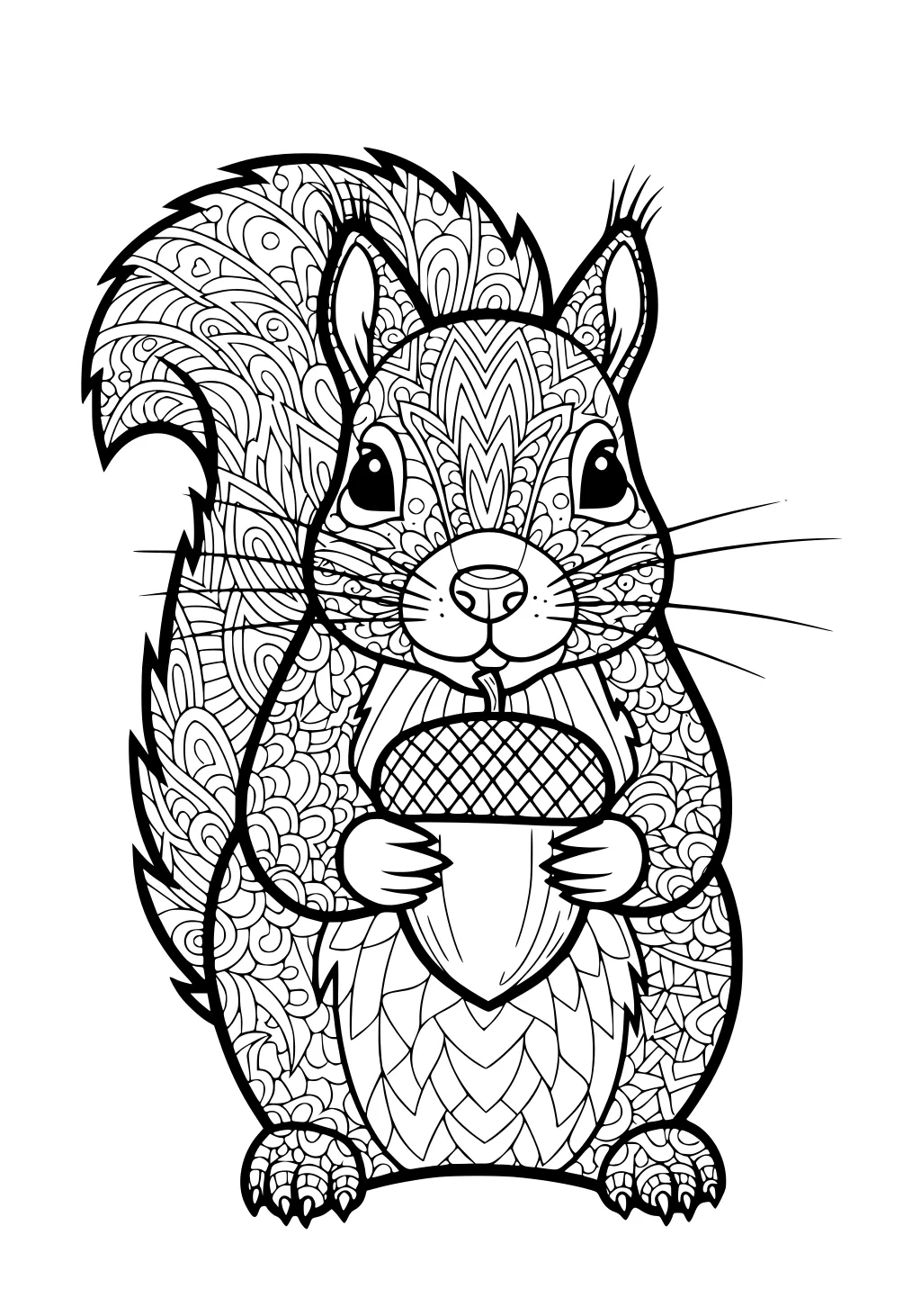 Squirrel with paisley patterns on fur and tail, holding large acorn, sitting upright with big eyes and small ears.