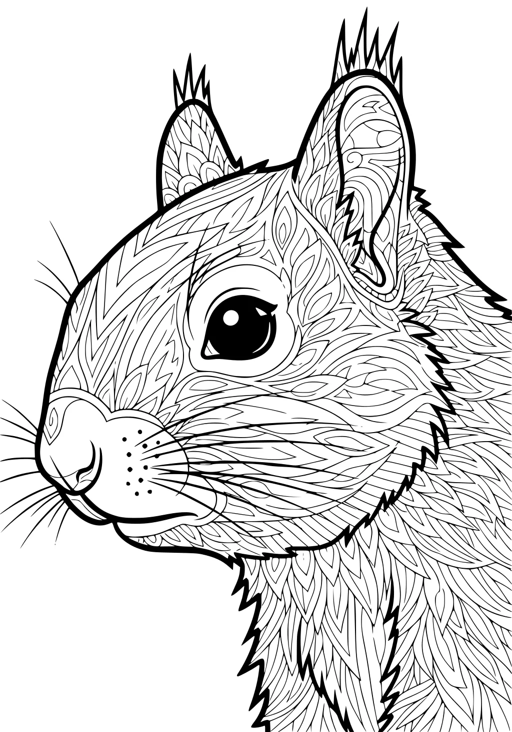 Line art of a squirrel's face and shoulders with detailed swirling patterns in fur and ears.