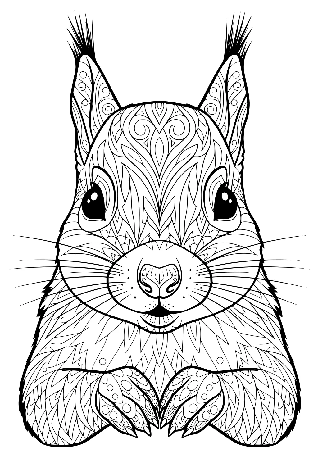 A squirrel with big eyes, patterned fur, upright body, together paws, curled tail, and tall ears with tufted tips.