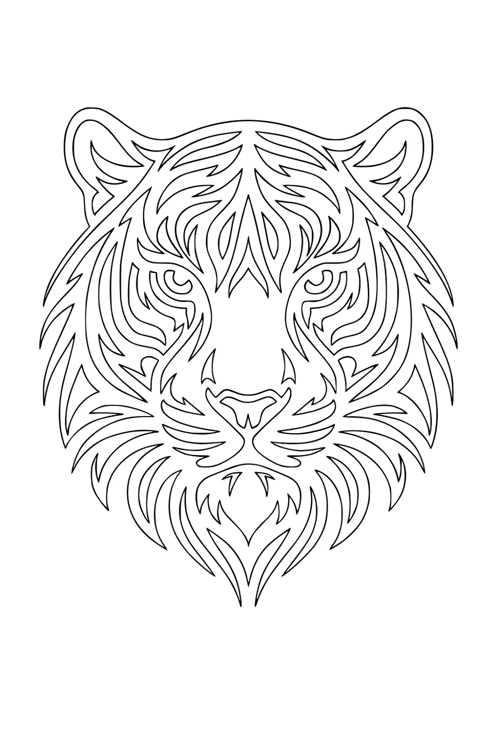 Stylized tiger head with swirling line stripes and wide-set eyes, drawn in bold black outlines.
