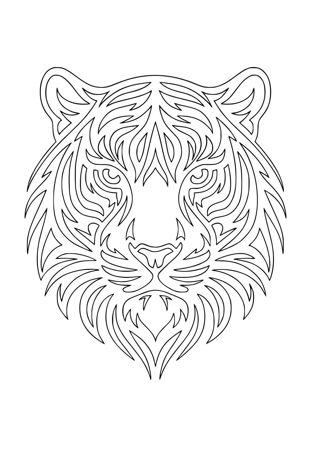 Stylized tiger head with swirling line stripes and wide-set eyes, drawn in bold black outlines.