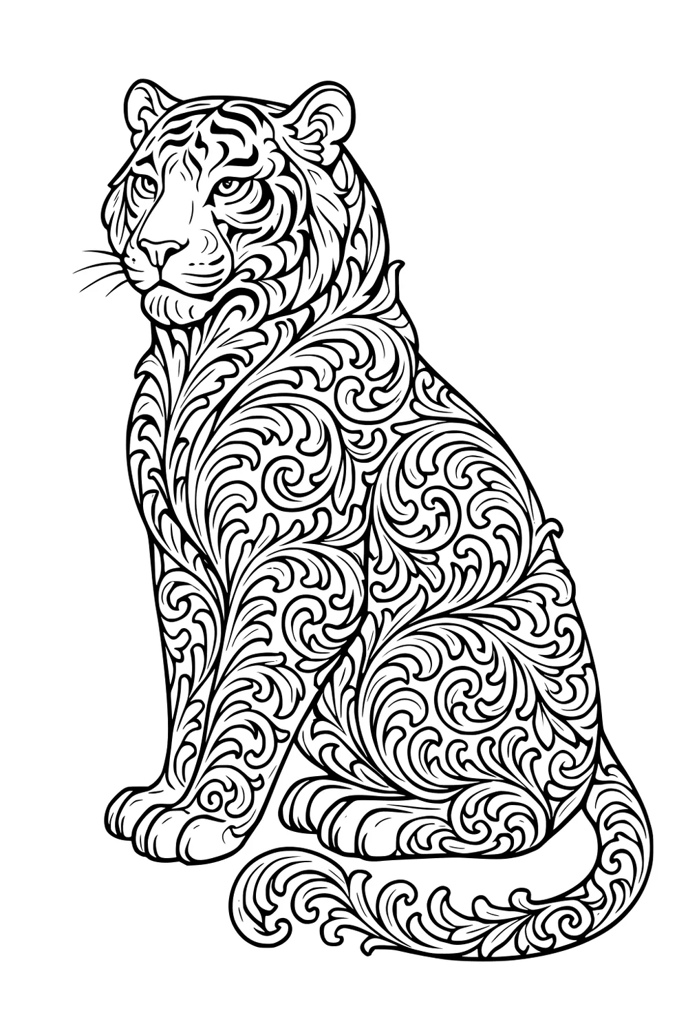 Sitting tiger with detailed swirling designs covering its body, looking forward calmly.