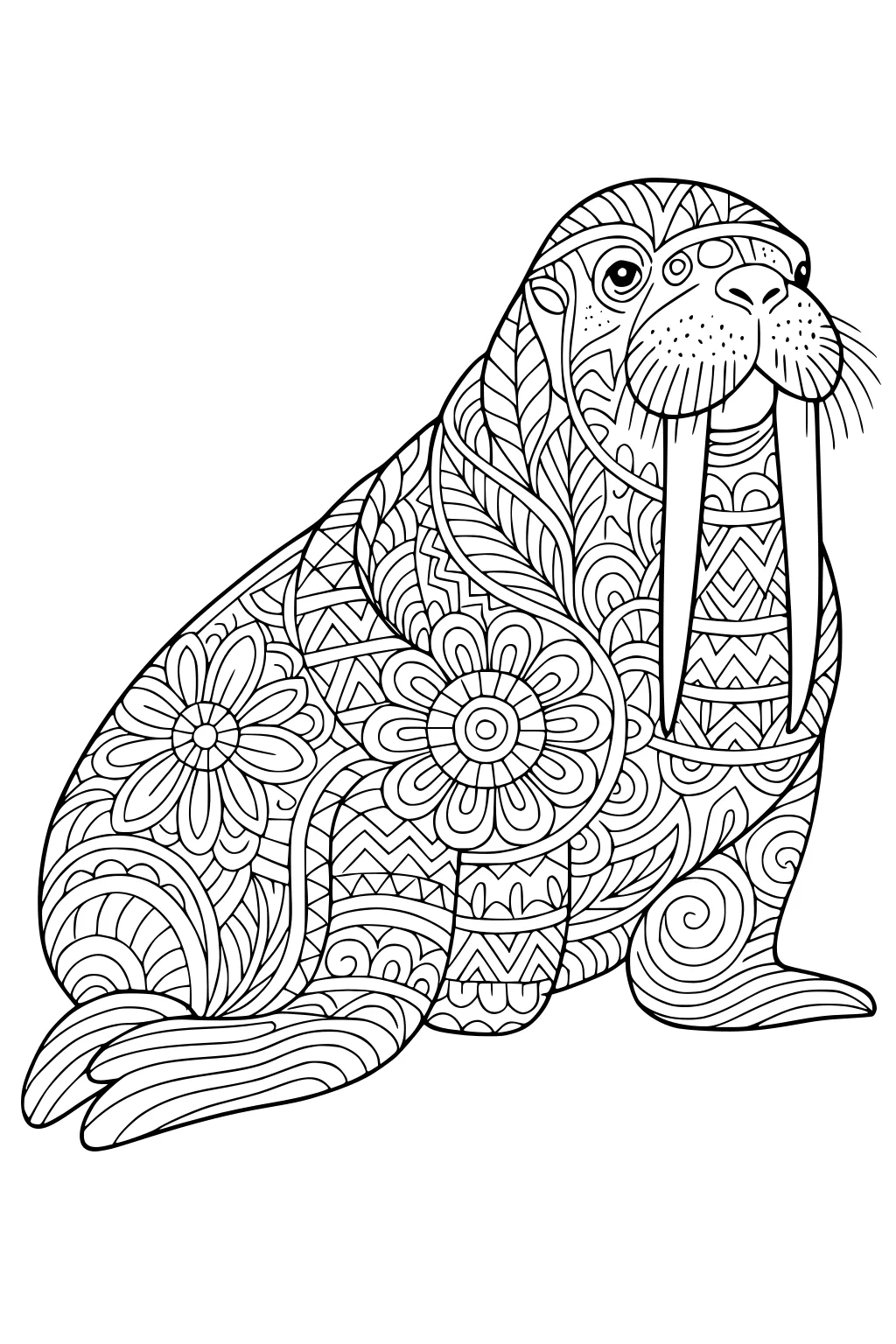 Walrus sitting with long tusks, decorated in detailed floral and geometric patterns.