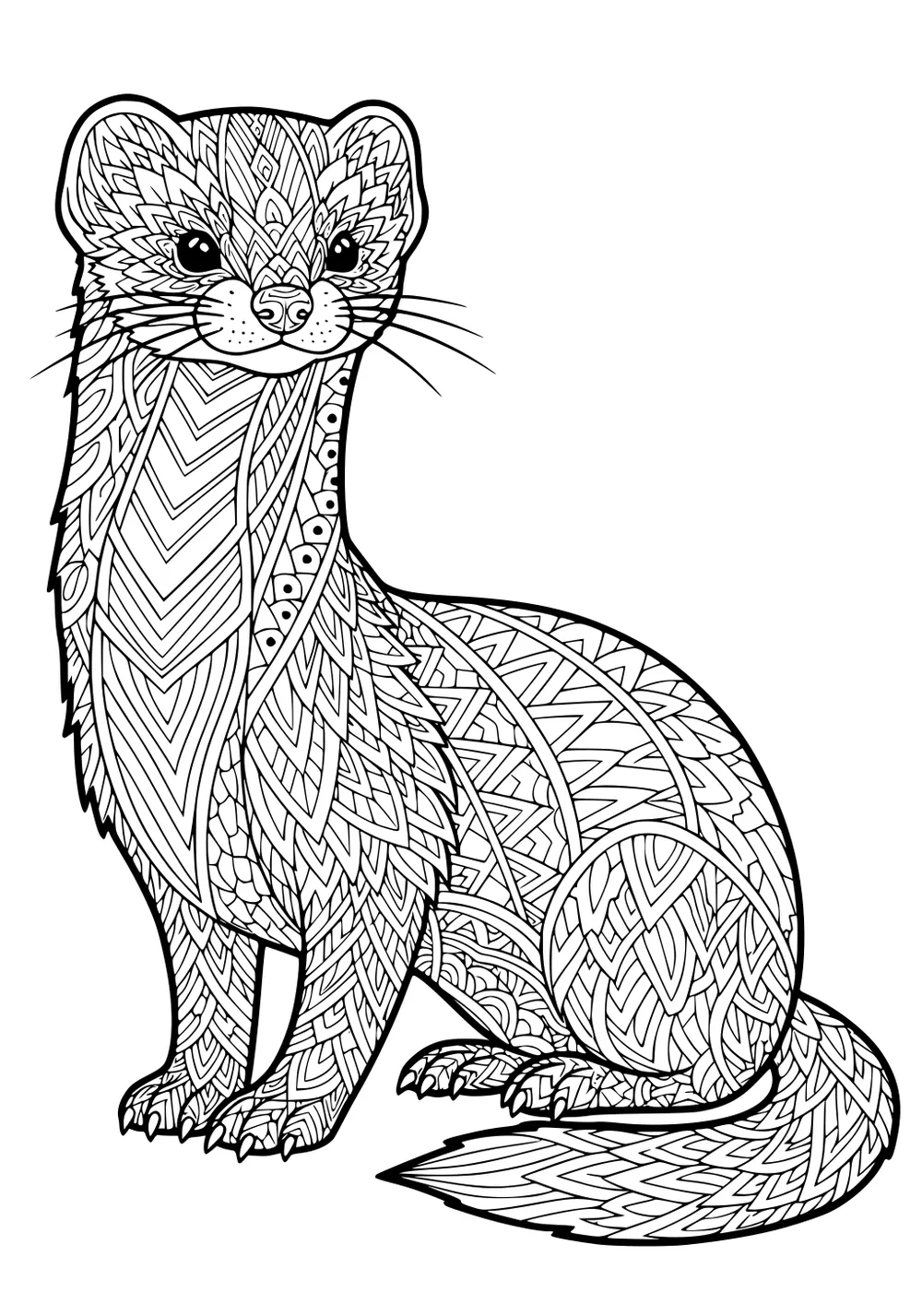Intricate weasel with patterned fur and a long tail sitting upright, outlined in black on a white background.