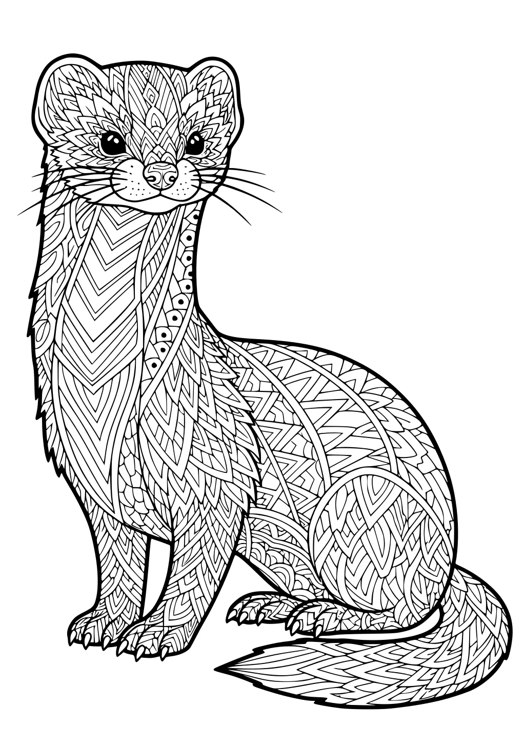 Intricate weasel with patterned fur and a long tail sitting upright, outlined in black on a white background.