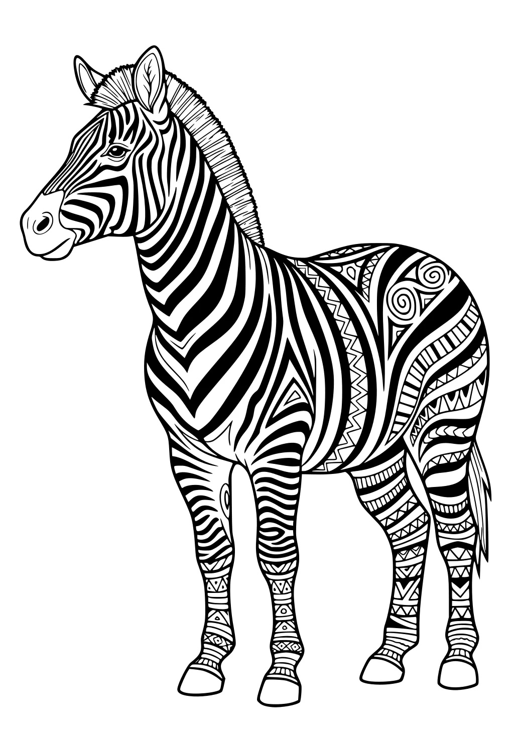 Zebra with bold stripes and tribal patterns; faint masks and spears behind; profile view with upright mane and perked ears.