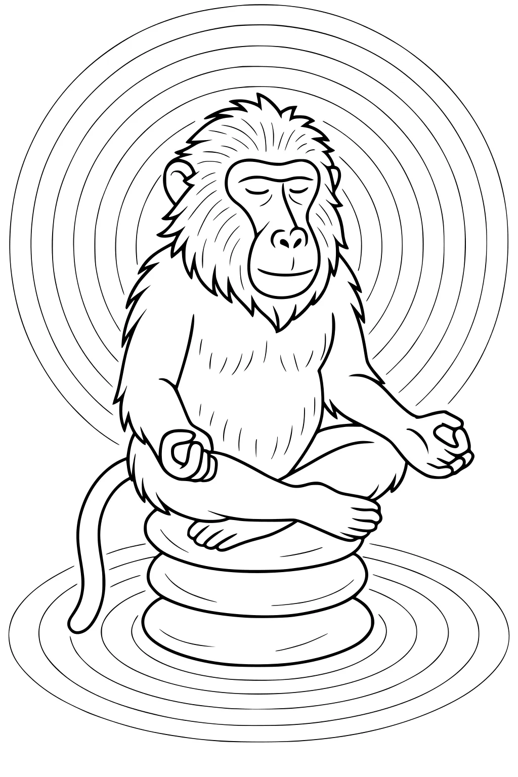 Baboon with closed eyes sitting cross-legged on stones, hands on knees, surrounded by concentric rippling circles.