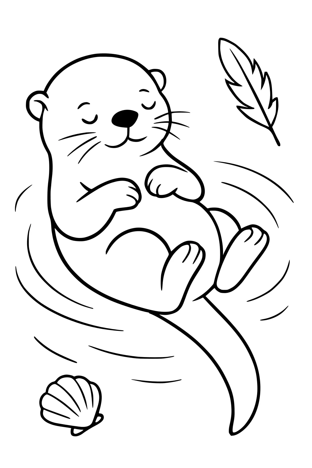 Otter floats on her back with closed eyes, a feather above, and a shell nearby in swirling water lines.