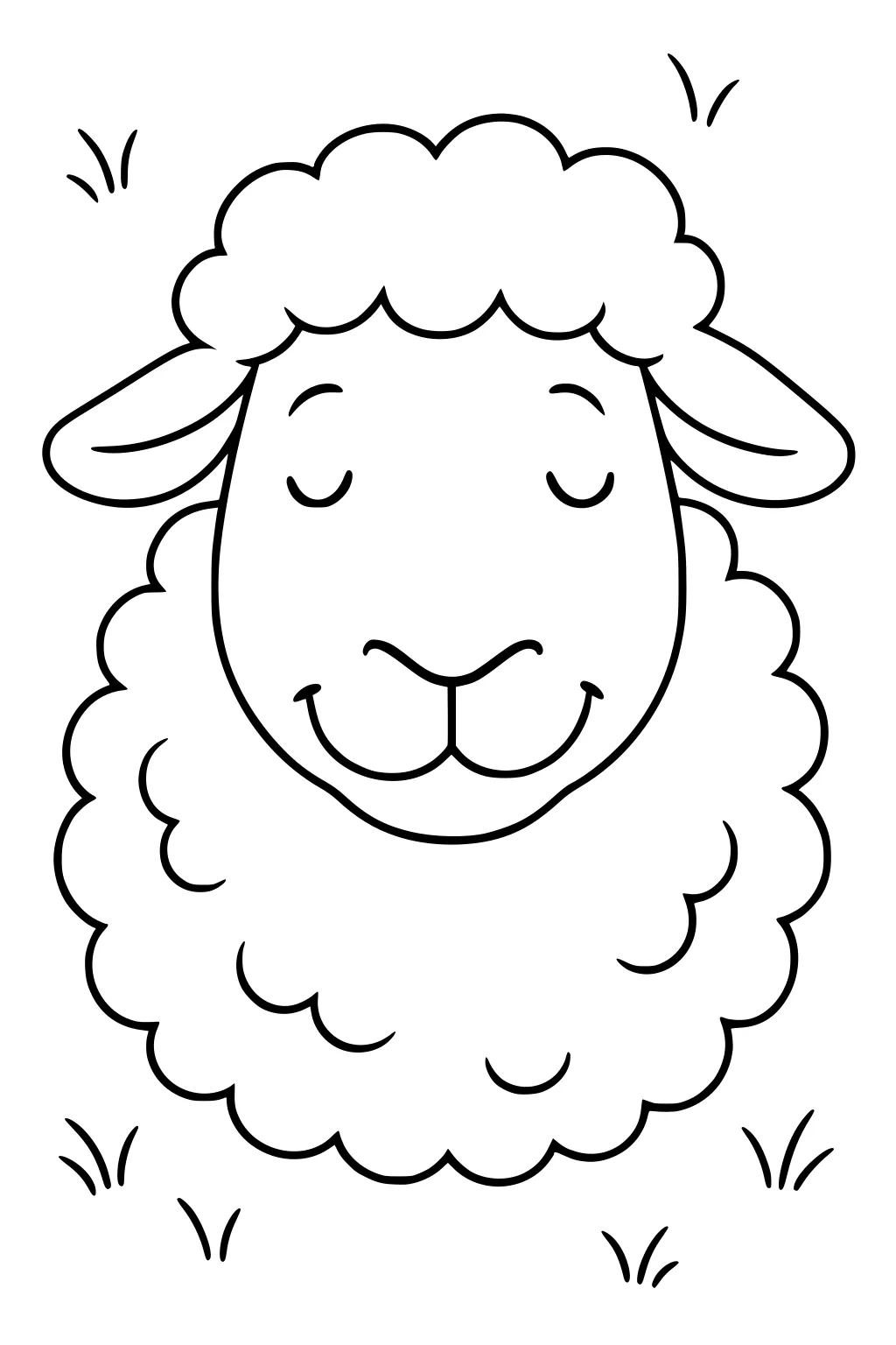 Line drawing of a smiling sheep with closed eyes, curly wool, and floppy ears, surrounded by small patches of grass.