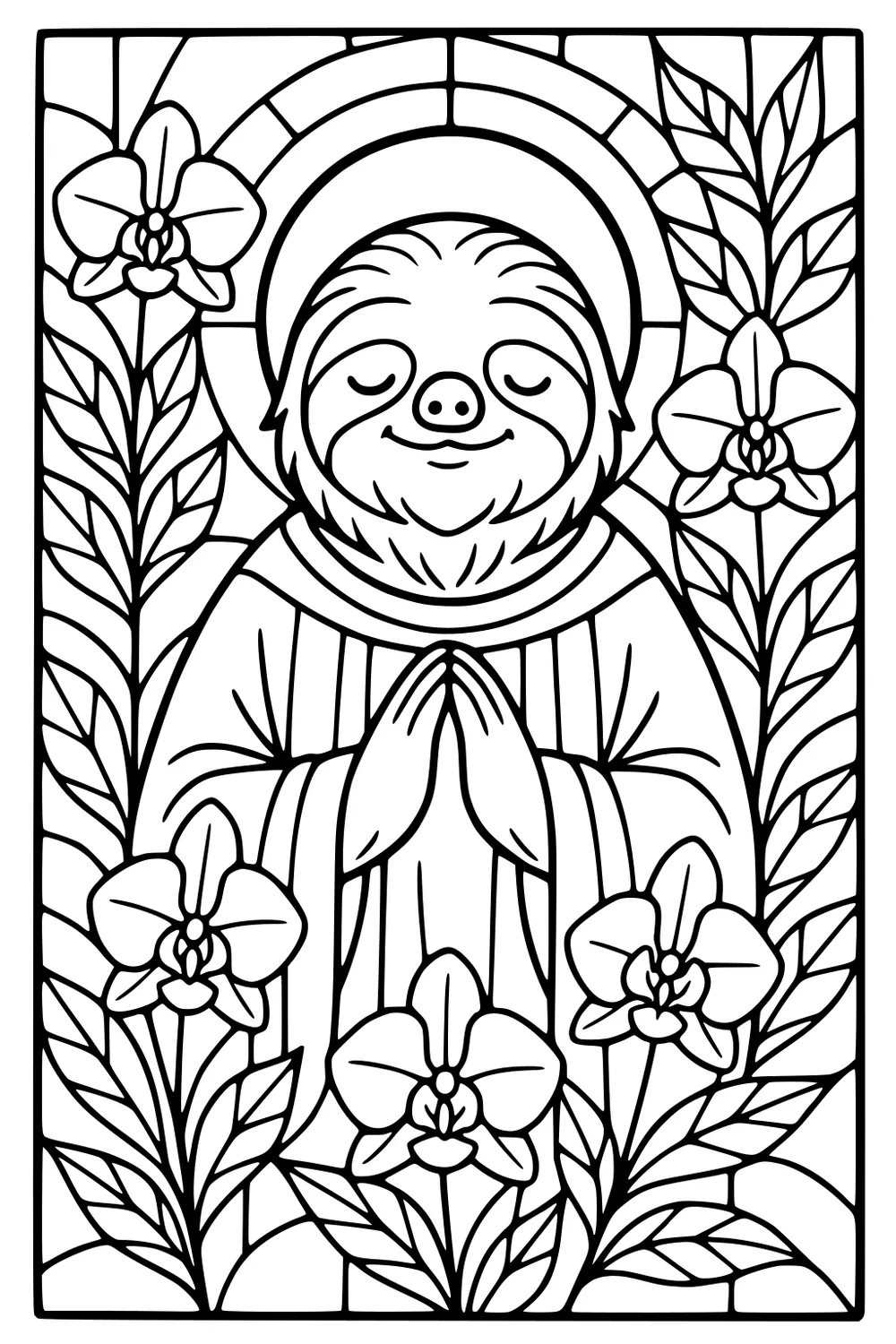 A smiling sloth with folded hands, surrounded by orchids and leaves inside a decorative frame.