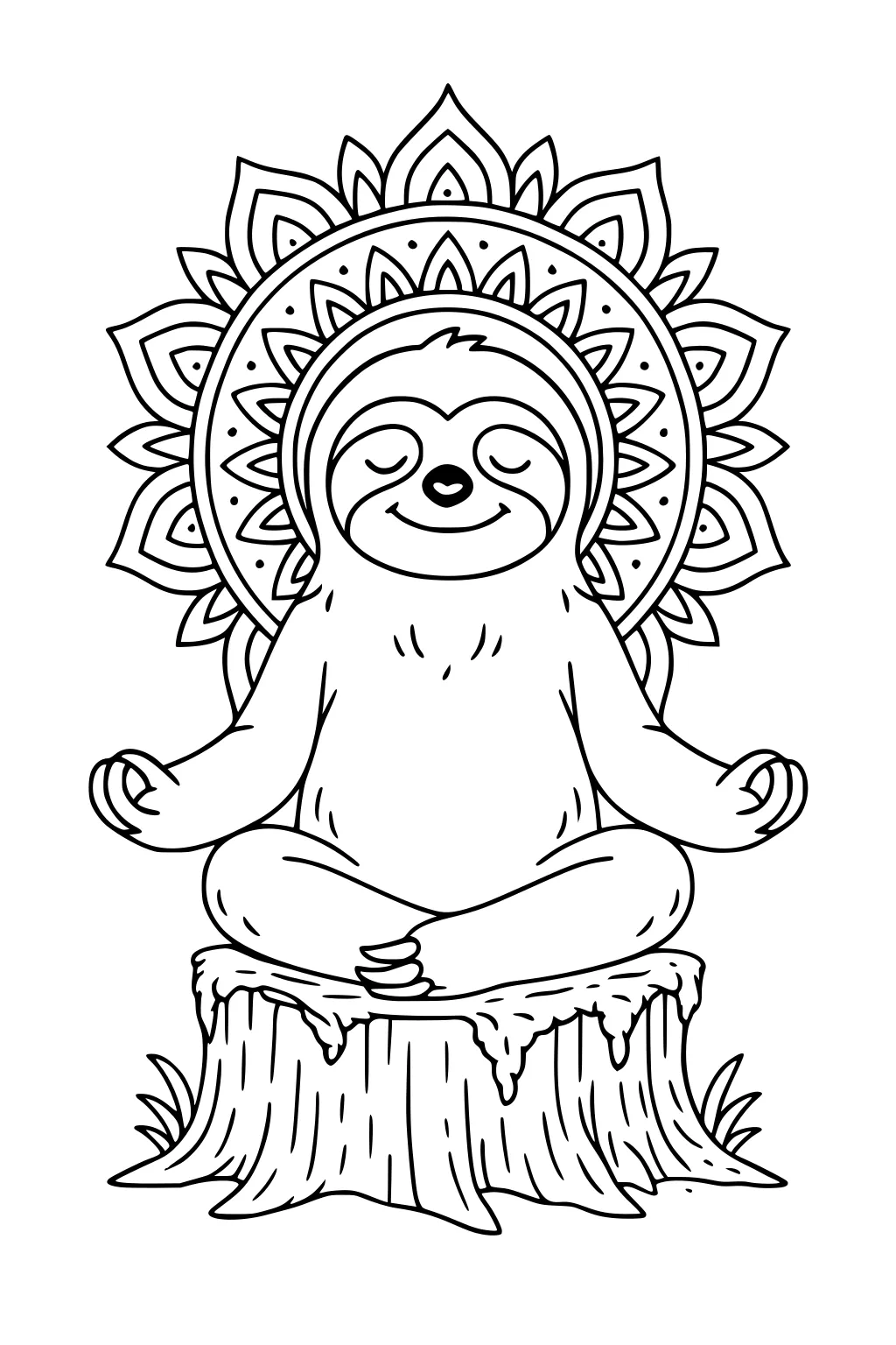 A sloth sits cross-legged on a stump with a peaceful smile, eyes closed, and a flower-like mandala background.