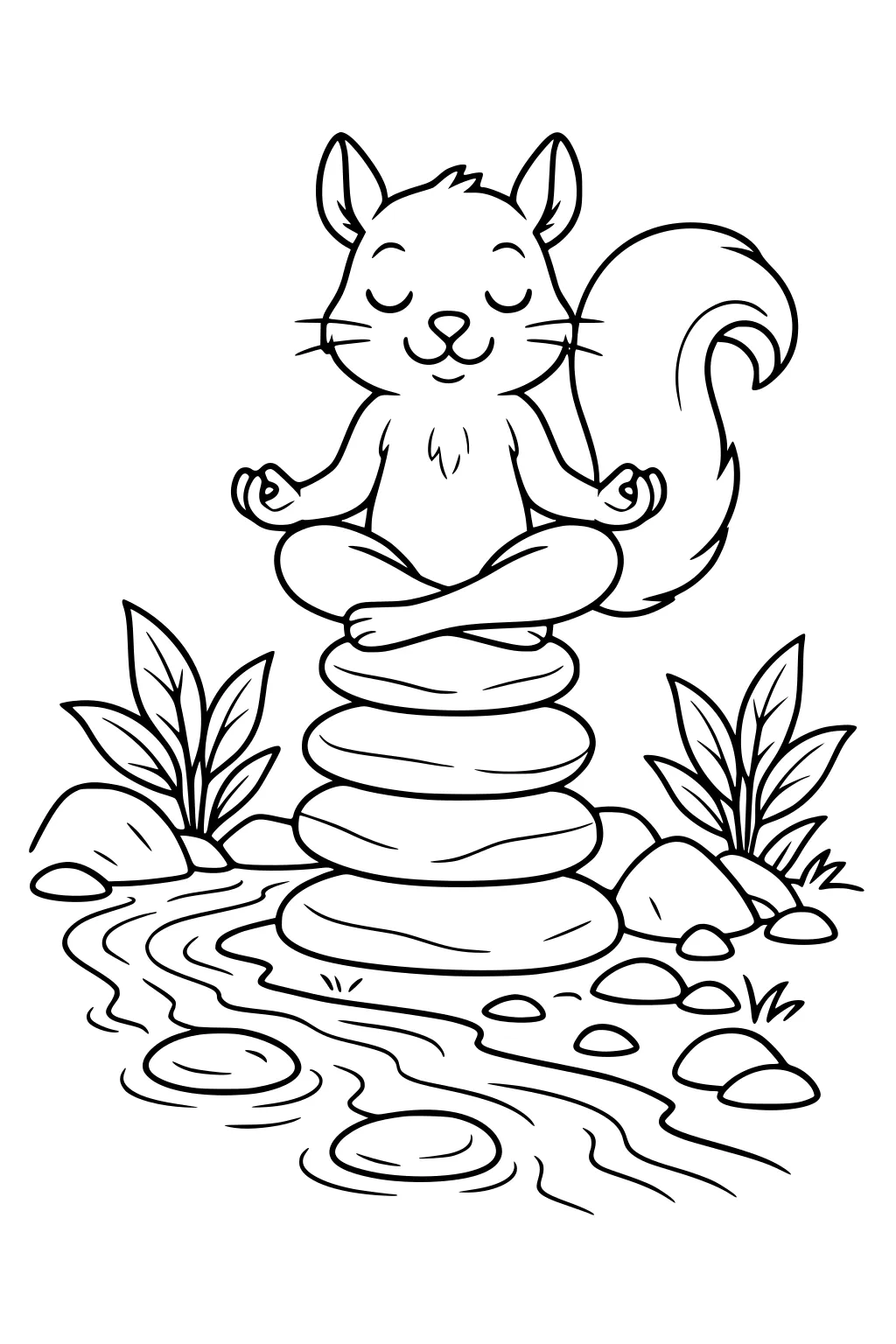 Squirrel meditating on stacked rocks by a stream, surrounded by plants and pebbles.