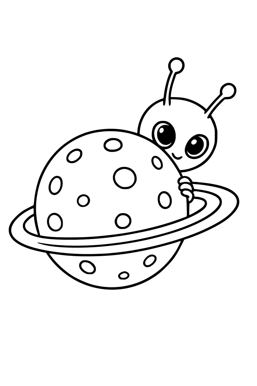 Cartoon alien peeks from behind a spotty ringed planet, holding the ring with one hand; big eyes and two round-tipped antennae.