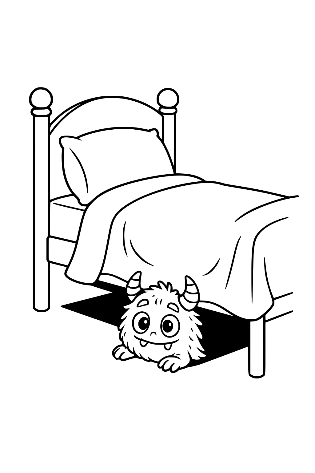 Fluffy horned monster smiling under a bed with a pillow and draped blanket, paws forward, big eyes, simple line art.