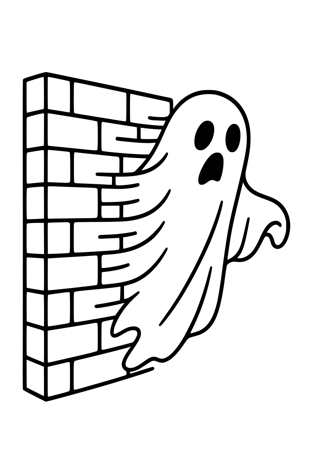 Cartoon ghost slipping through a brick wall, with oval eyes and open mouth, trailing wavy sheet edges, bold black outlines.