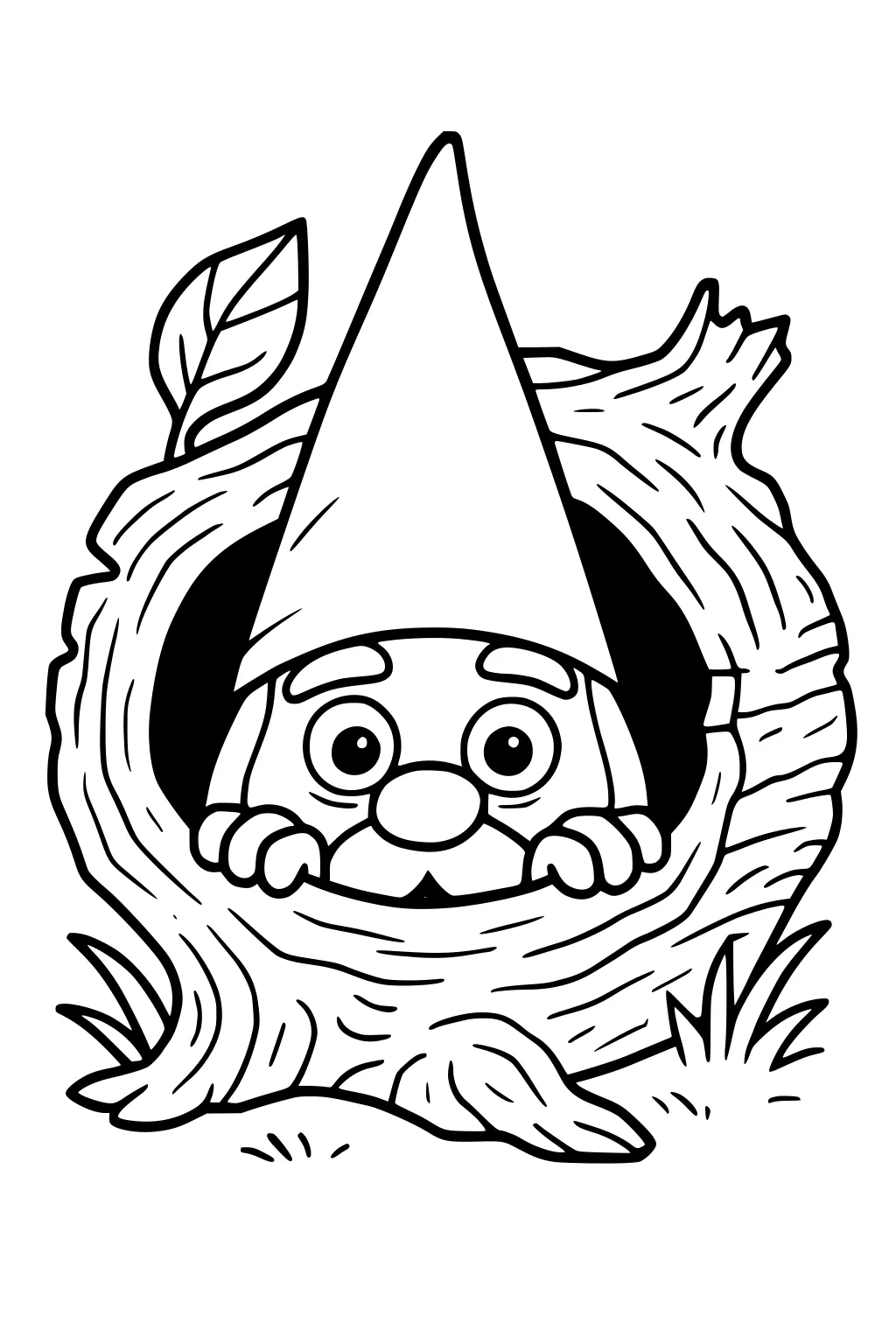 Boy gnome peeks from a hollow tree stump, pointy hat, big eyes, hands on rim, with one leaf and small grass tufts.
