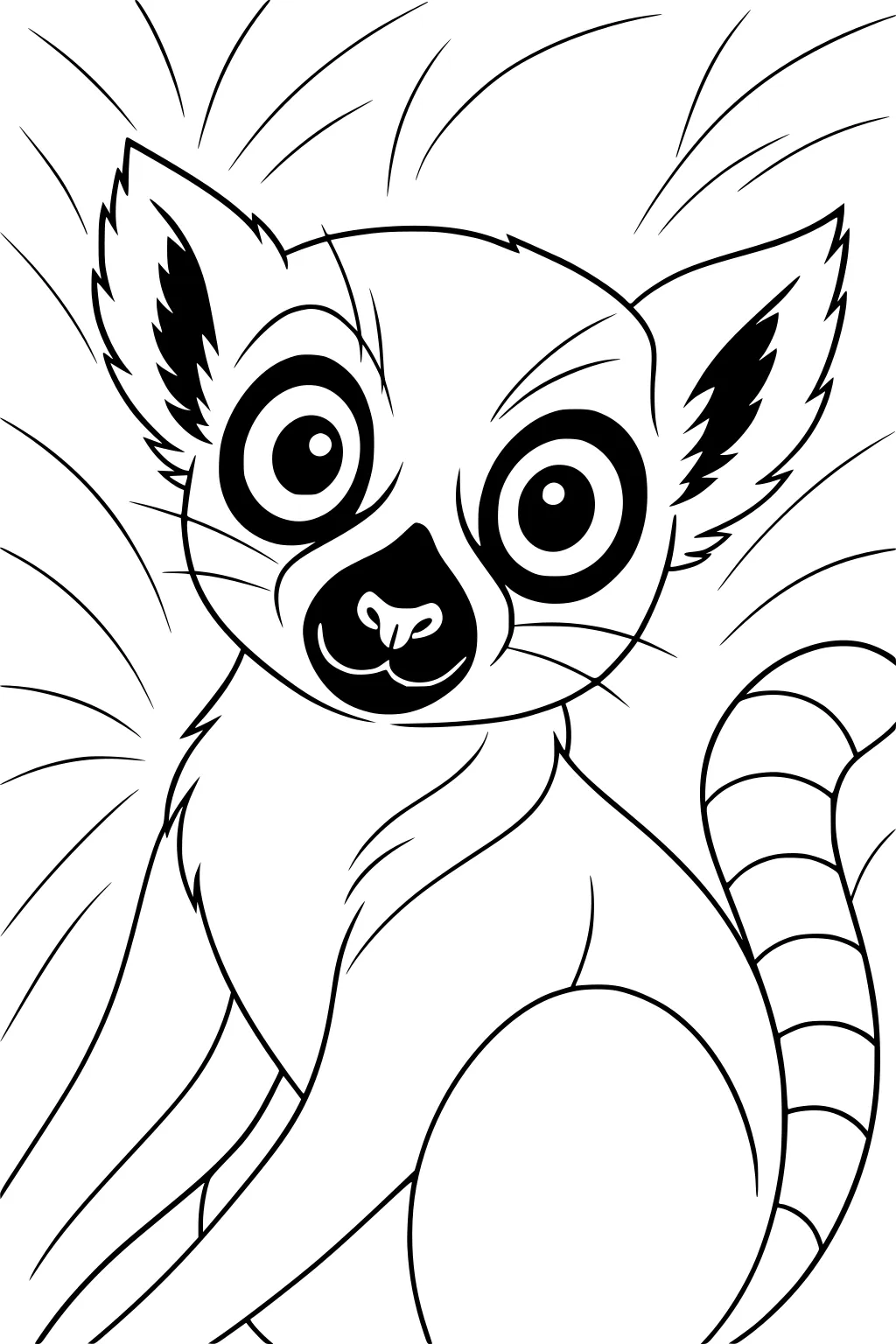 Cartoon lemur with large eyes and striped tail sitting in grass with ears perked up.