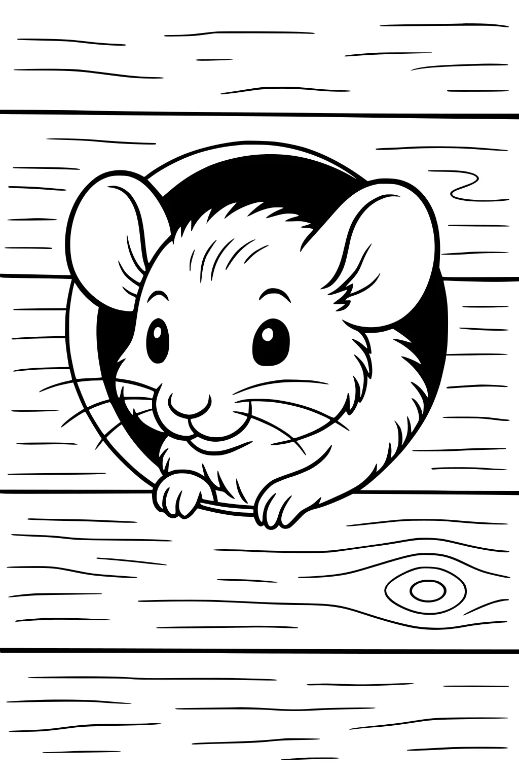 Cartoon mouse peeking from a round hole in a wooden wall with visible wood grain and large ears.