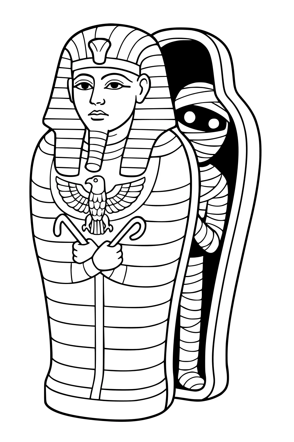 Cartoon mummy peeks from open coffin behind pharaoh sarcophagus with striped headdress, falcon emblem, and crossed staffs.