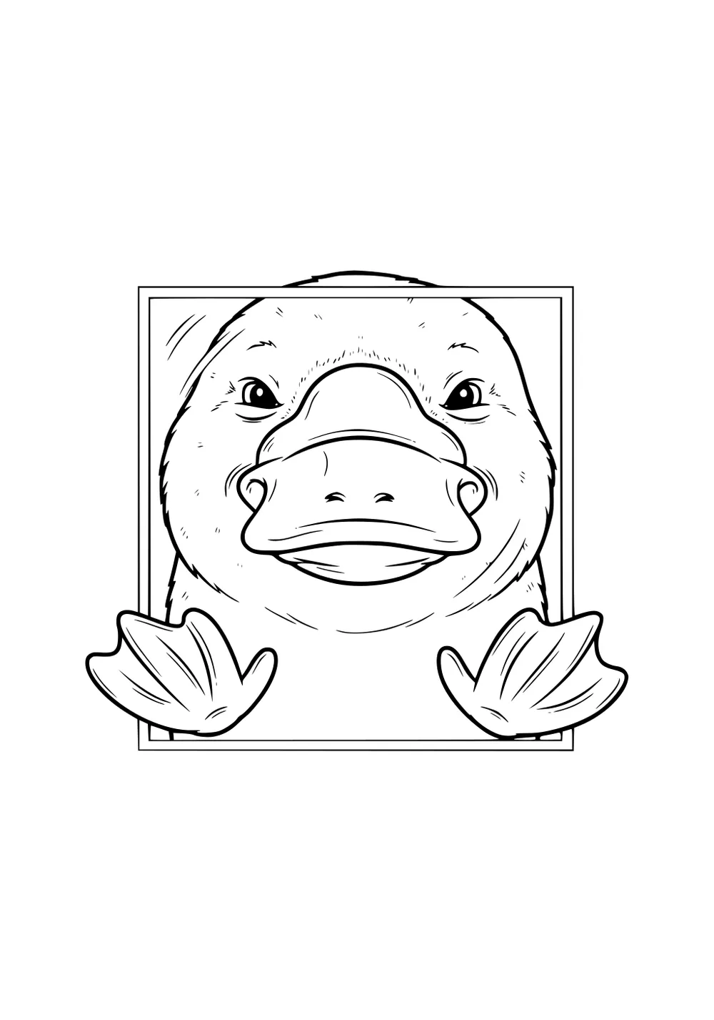 Front view of a platypus face with wide bill and webbed feet peeking from inside a square border.