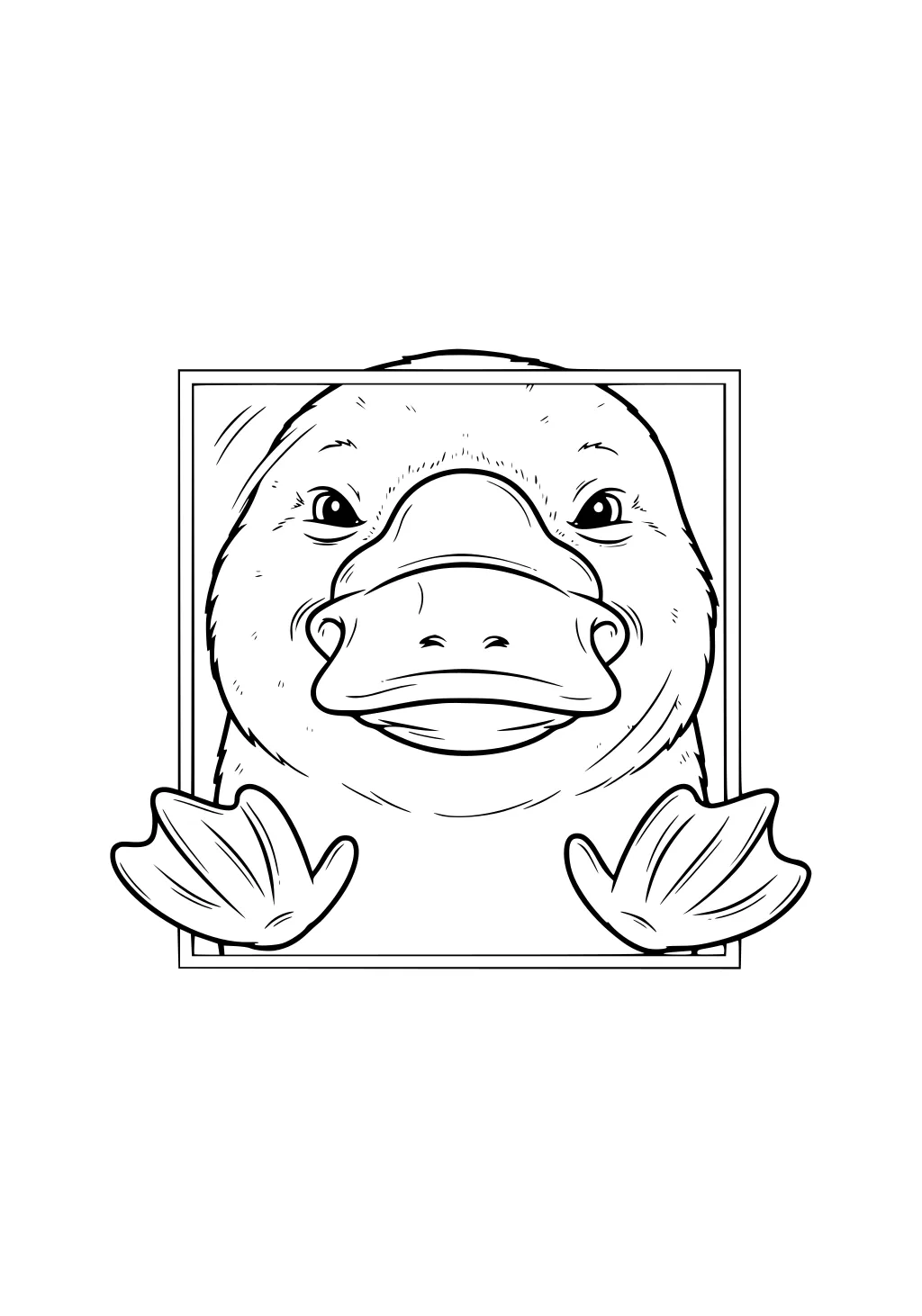 Front view of a platypus face with wide bill and webbed feet peeking from inside a square border.