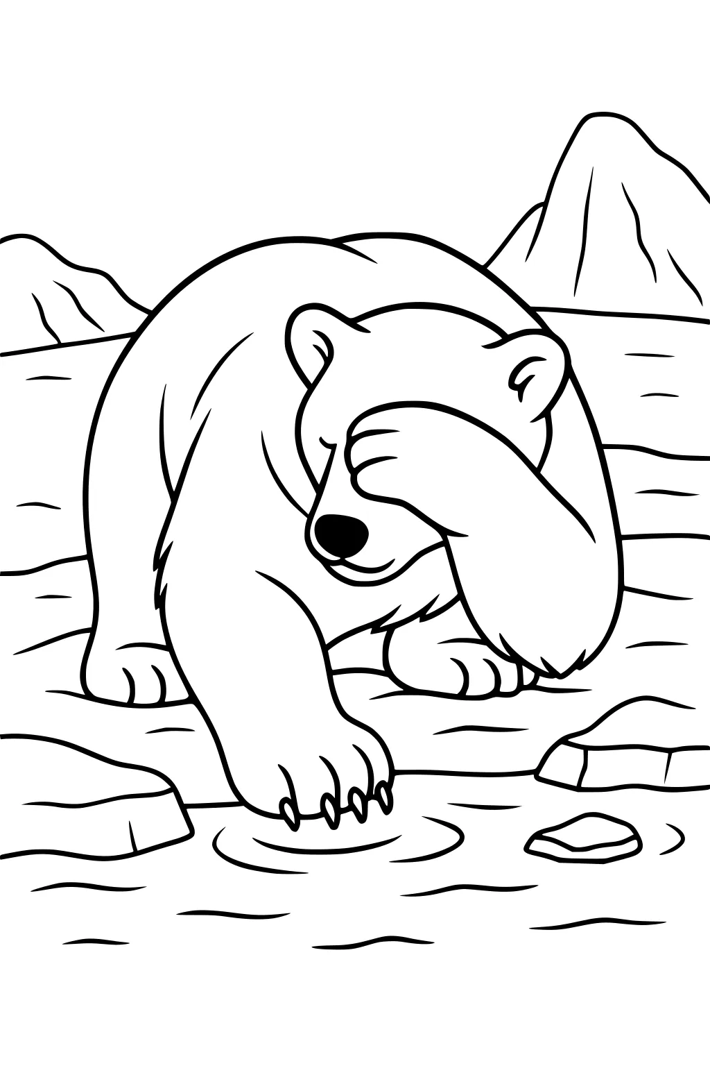 Polar bear holding paw over face by arctic water with ice and mountain background.