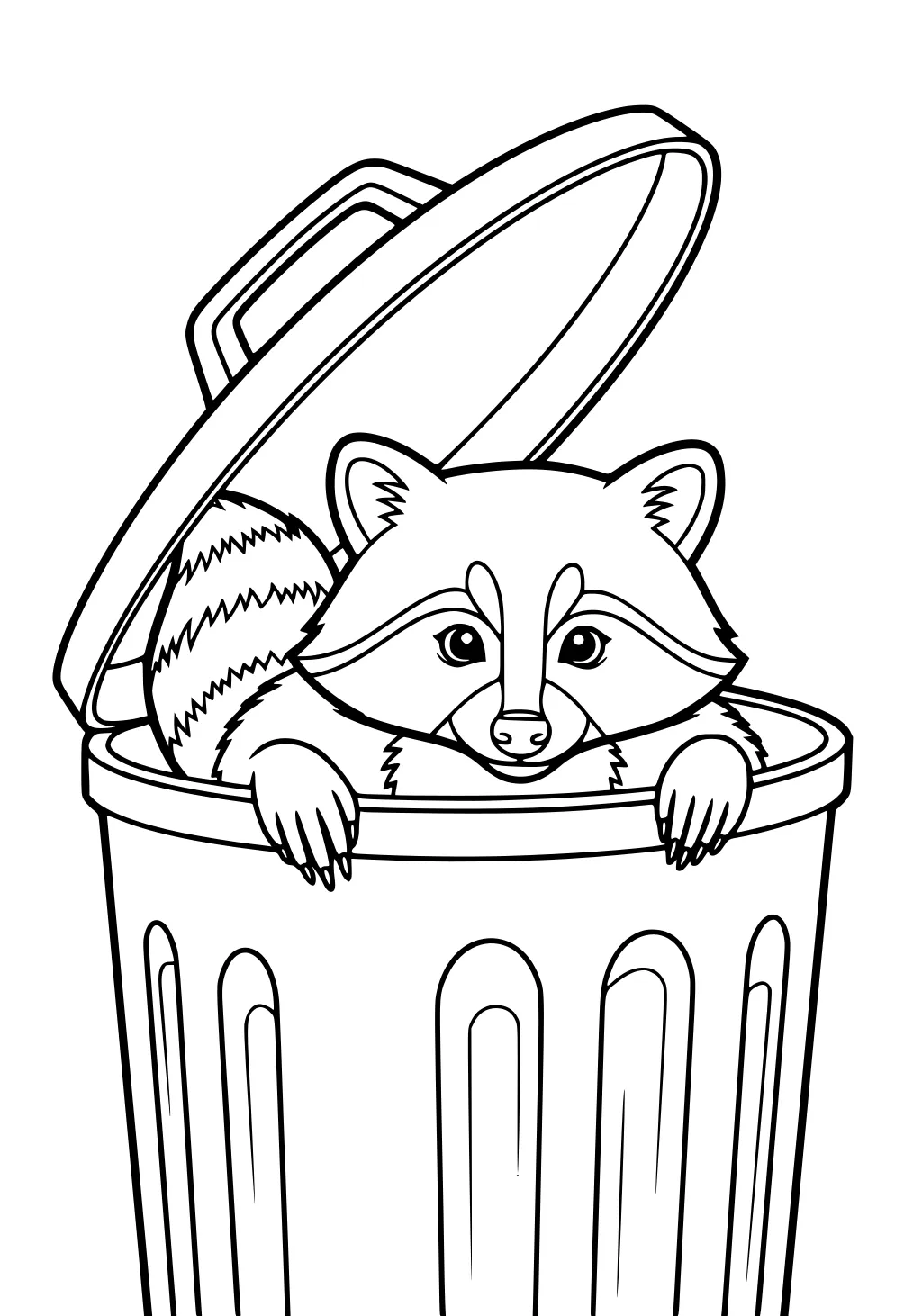 Raccoon with striped tail peeking out from an open trash can with paws on the rim