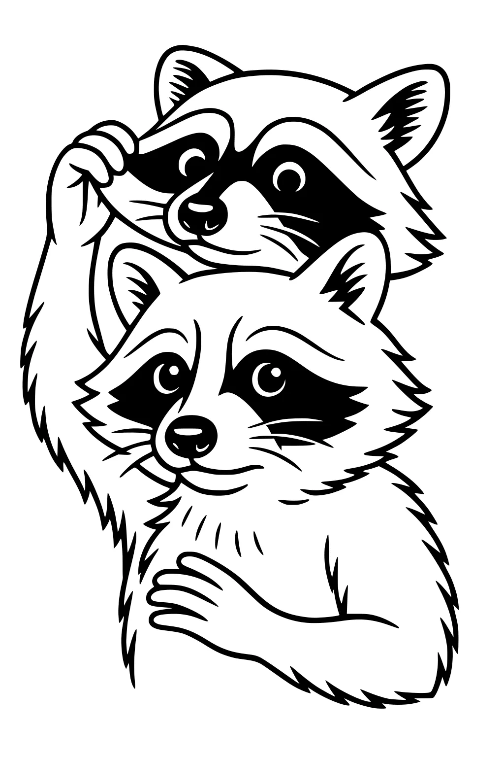 Two raccoons, one reaching up to touch the other’s mask-like fur, both with round faces and fluffy fur.