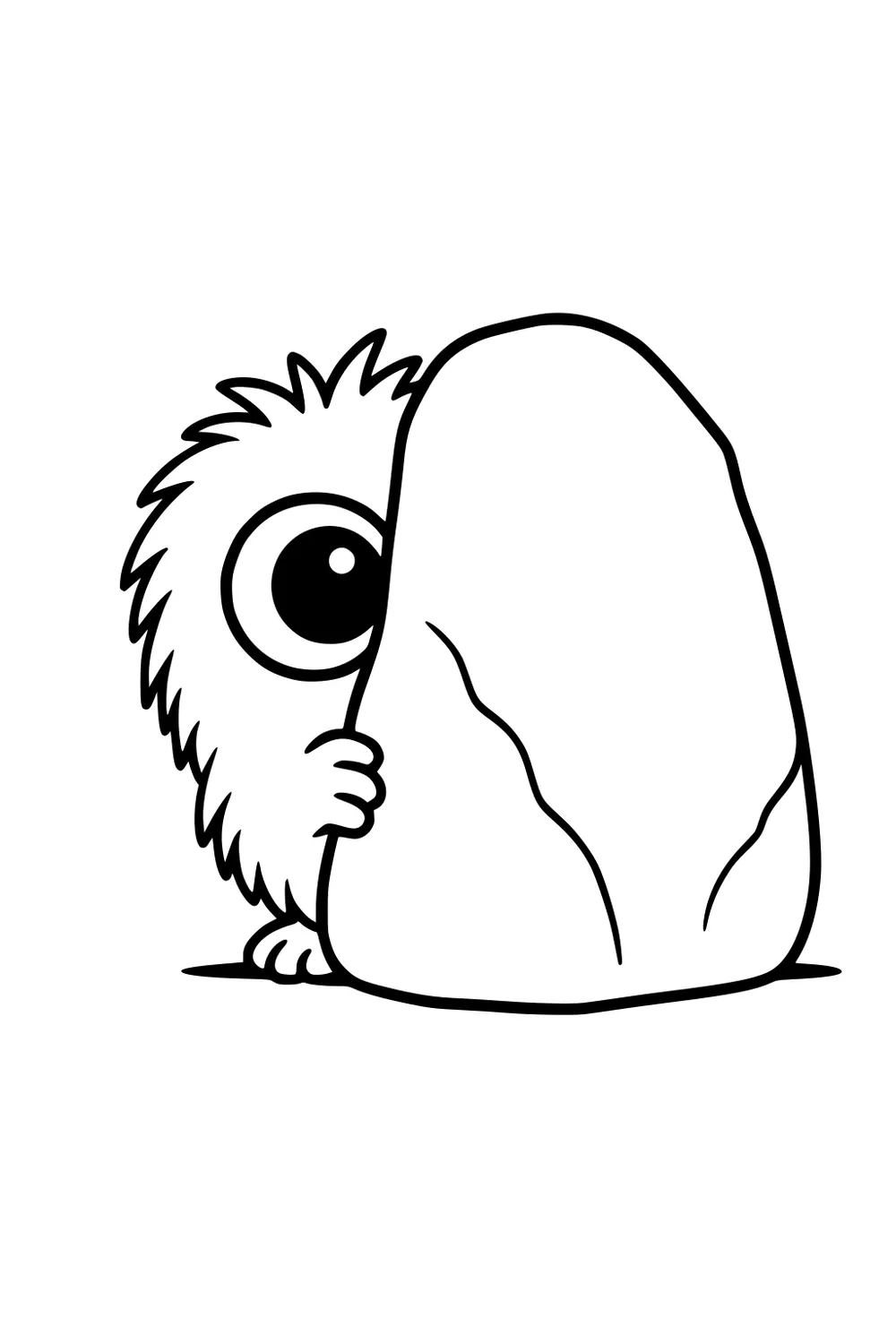 Furry one-eyed monster peeks from behind a big rock, gripping the edge with a small paw; bold outlines and open space.