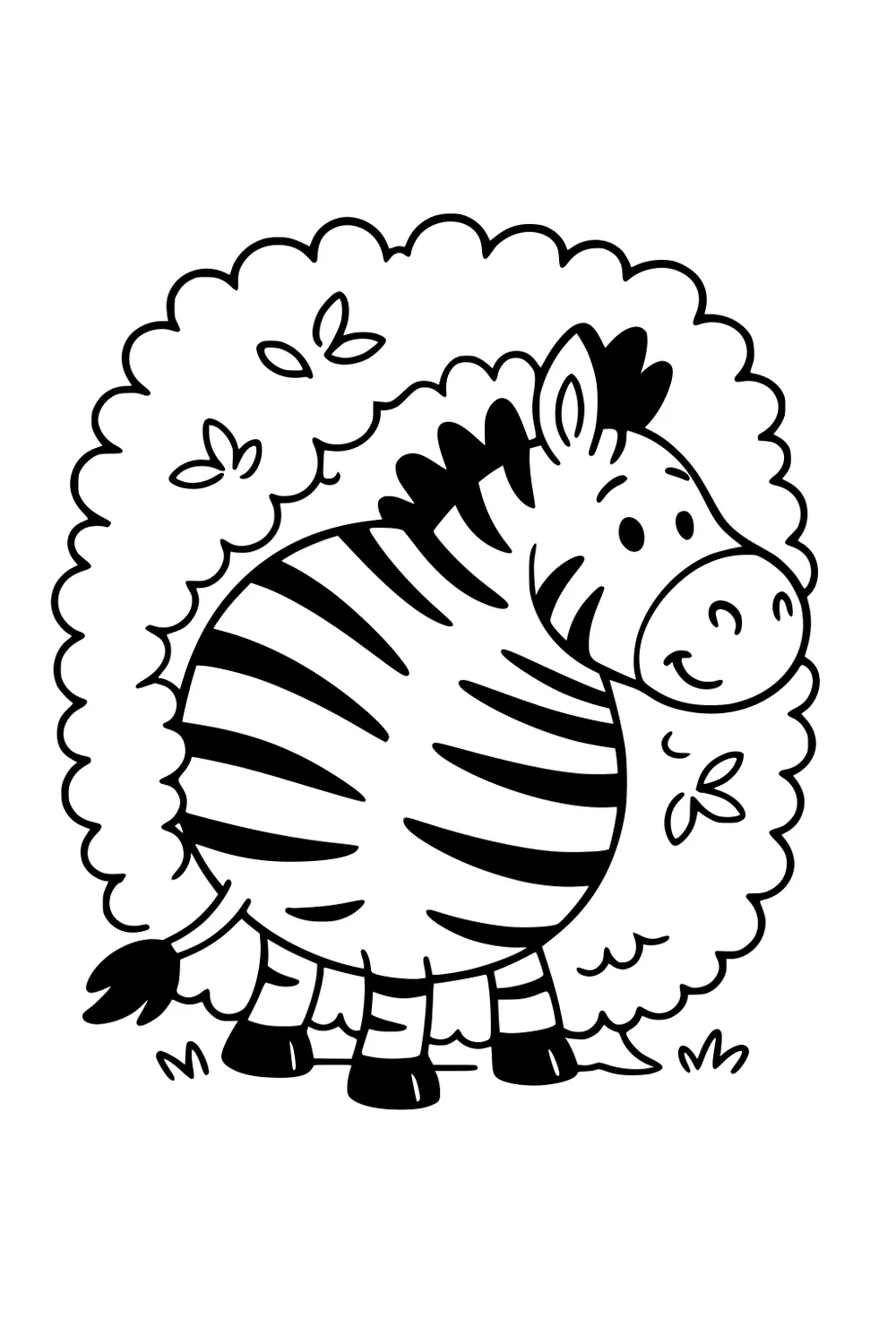Smiling zebra with bold stripes peeks from a leafy round bush, with four short legs and a tufted tail on simple grass.