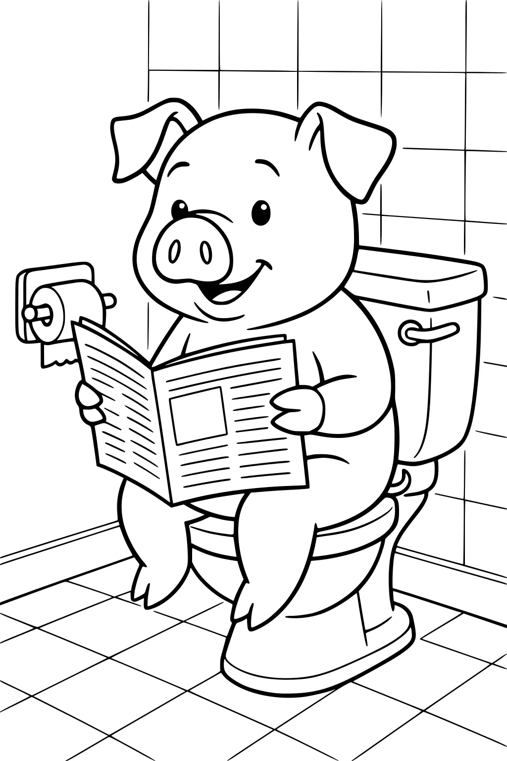 Smiling pig on a toilet reading a newspaper in a tiled bathroom with visible toilet paper roll on the wall.