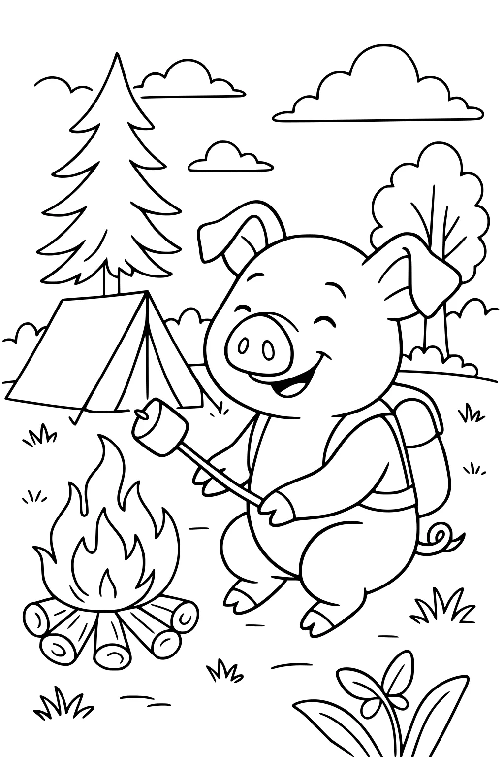 Pig with backpack roasting marshmallow over campfire near tent and trees, smiling in a forest clearing.