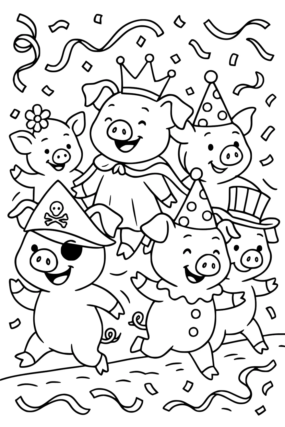 Six pigs in costumes and hats dance together with confetti and streamers falling around them.