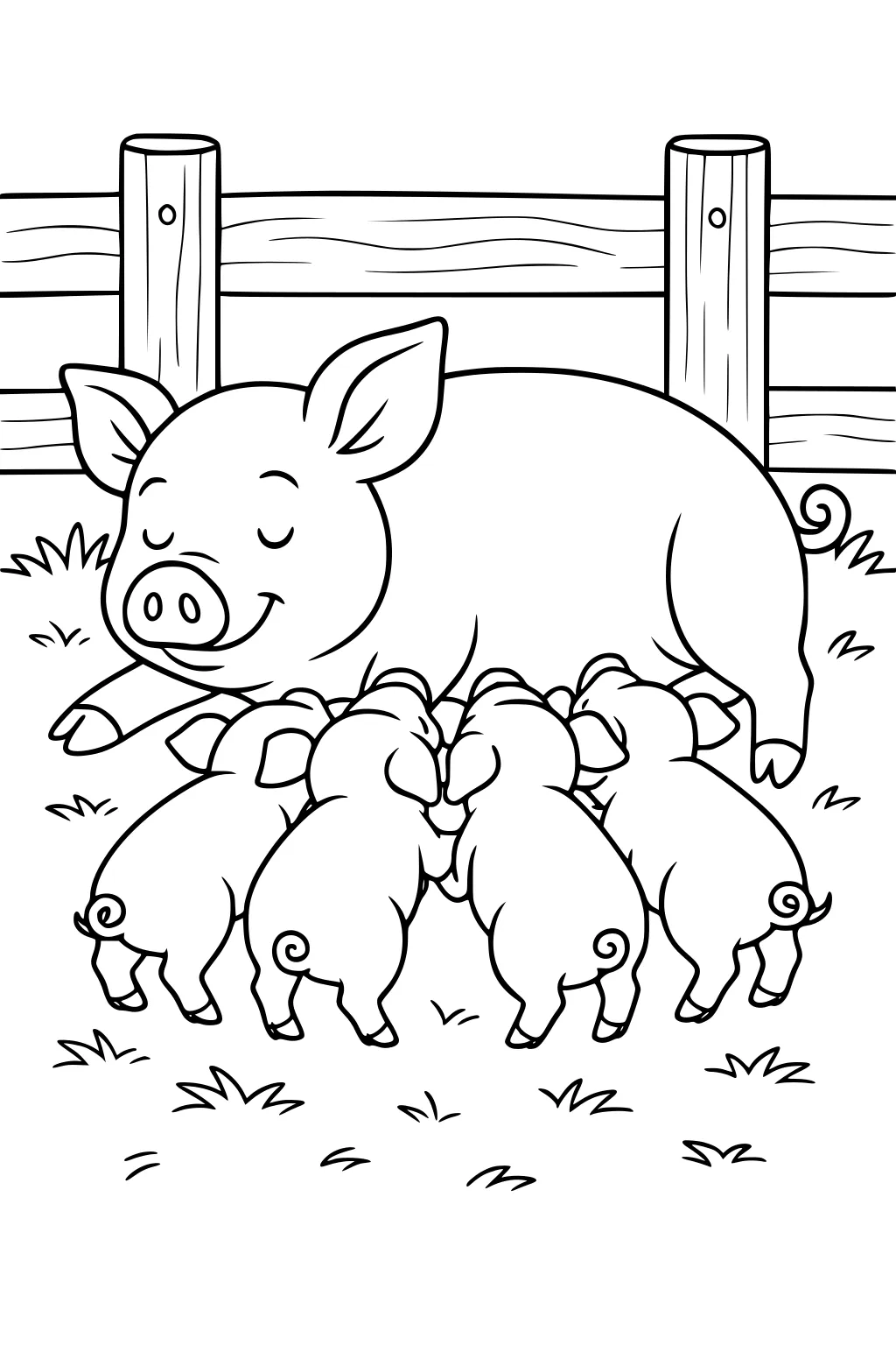 Mother pig lying on grass with five piglets cuddled up to her in front of a wooden fence.