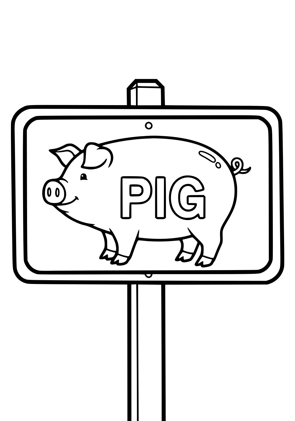 Line art of a pig on a sign with the word PIG, mounted on a tall post.