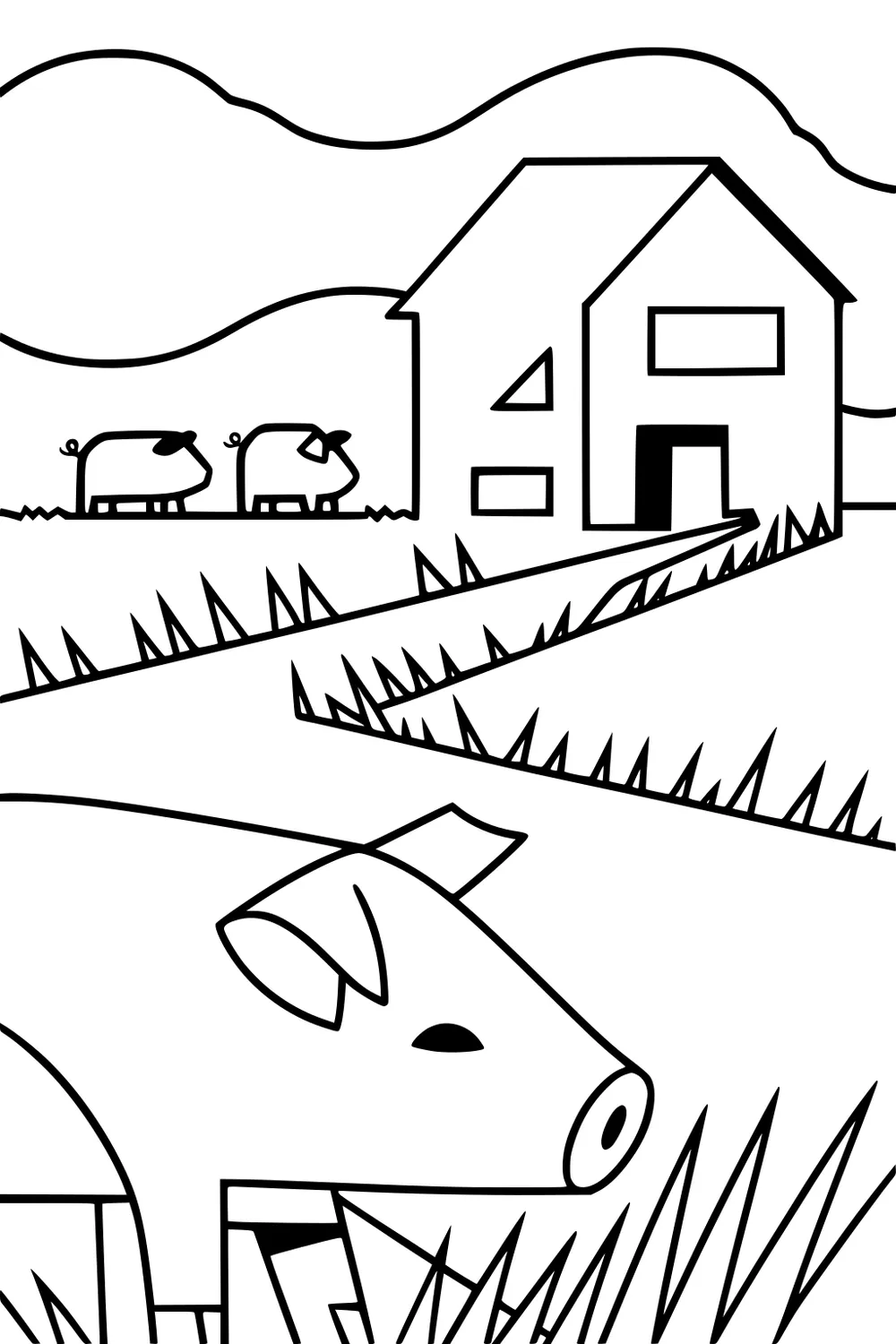 Large pig in grass with two small pigs by a farmhouse, plus hills and clouds in the distance.