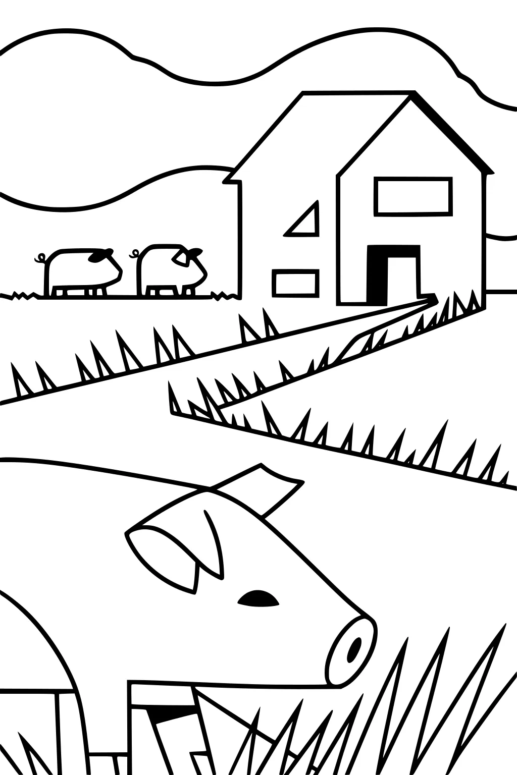 Large pig in grass with two small pigs by a farmhouse, plus hills and clouds in the distance.