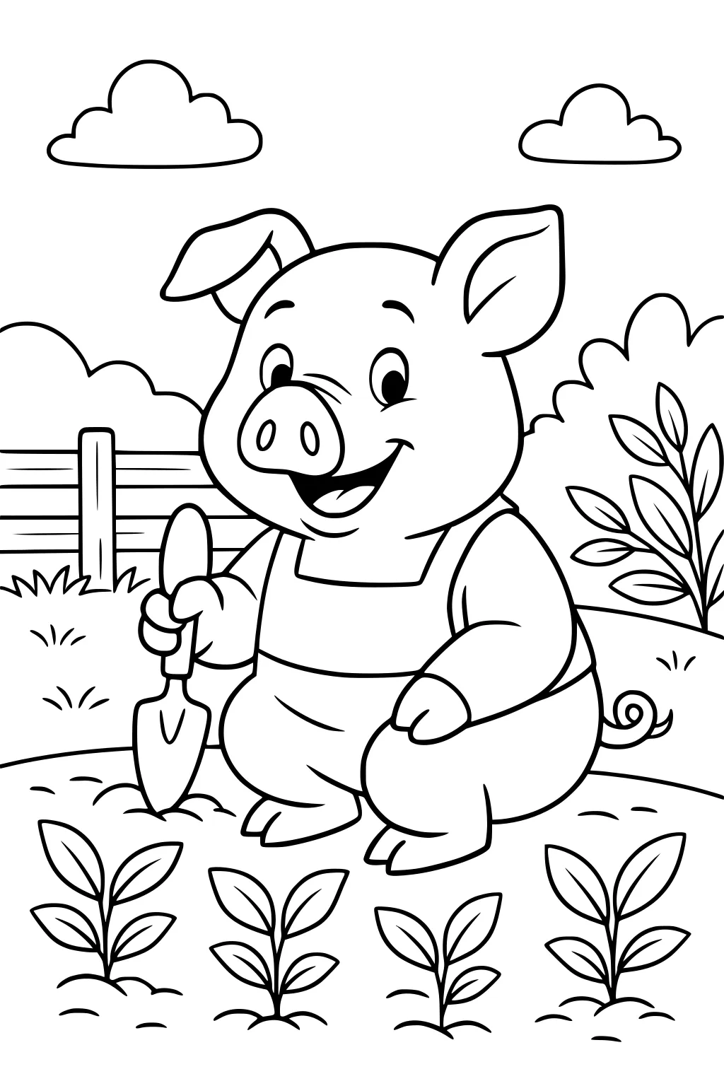 Pig in overalls holding a trowel, sitting in a vegetable garden with plants, bushes, a fence, and puffy clouds.