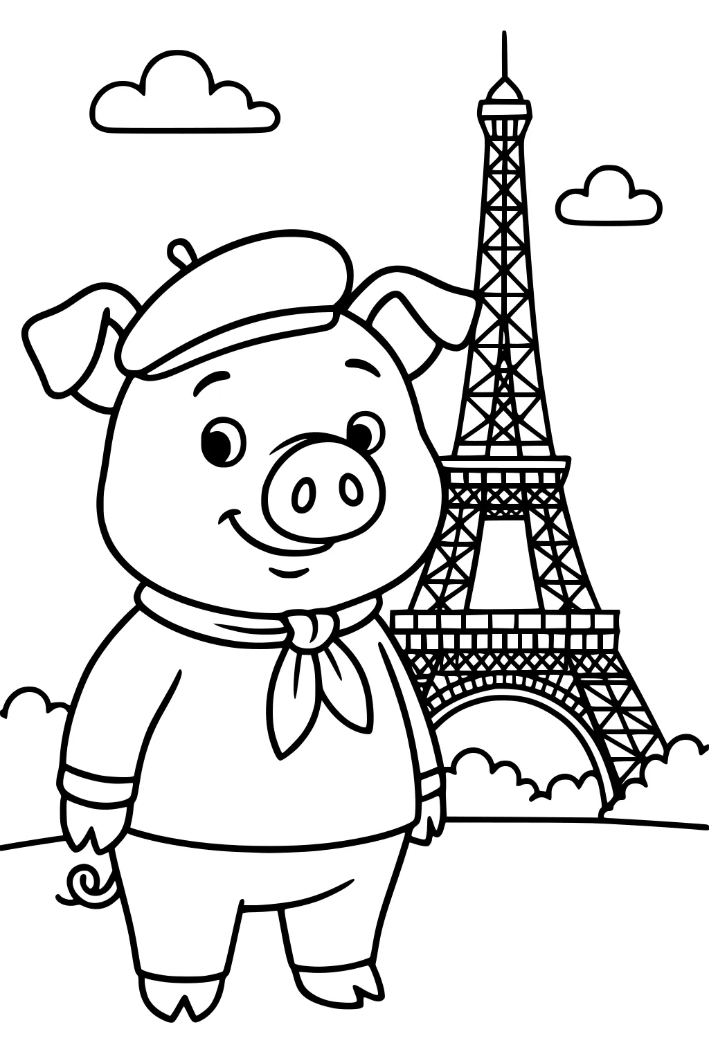 Smiling pig in beret and scarf stands in front of the Eiffel Tower, clouds in the background.