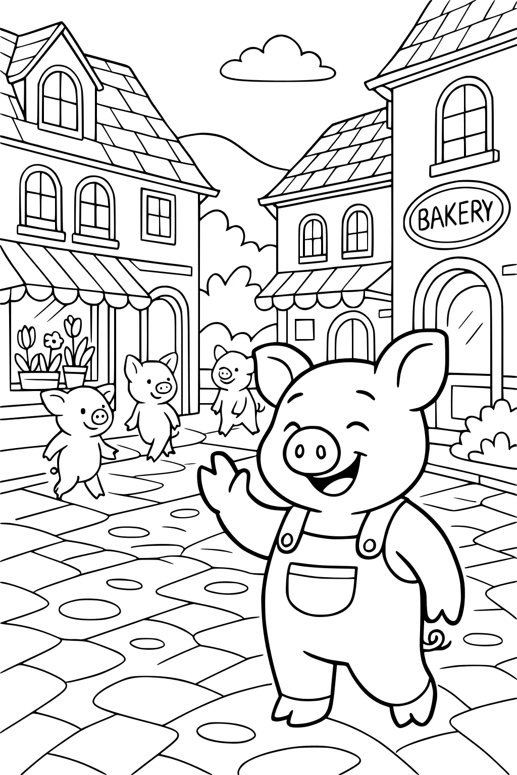 Four pigs walking on a cobblestone street in a village, with shops, a bakery, and flowers in the windows.
