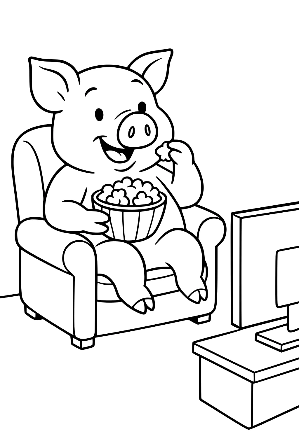 Pig sitting in armchair eating popcorn from a bowl and watching television on a stand.