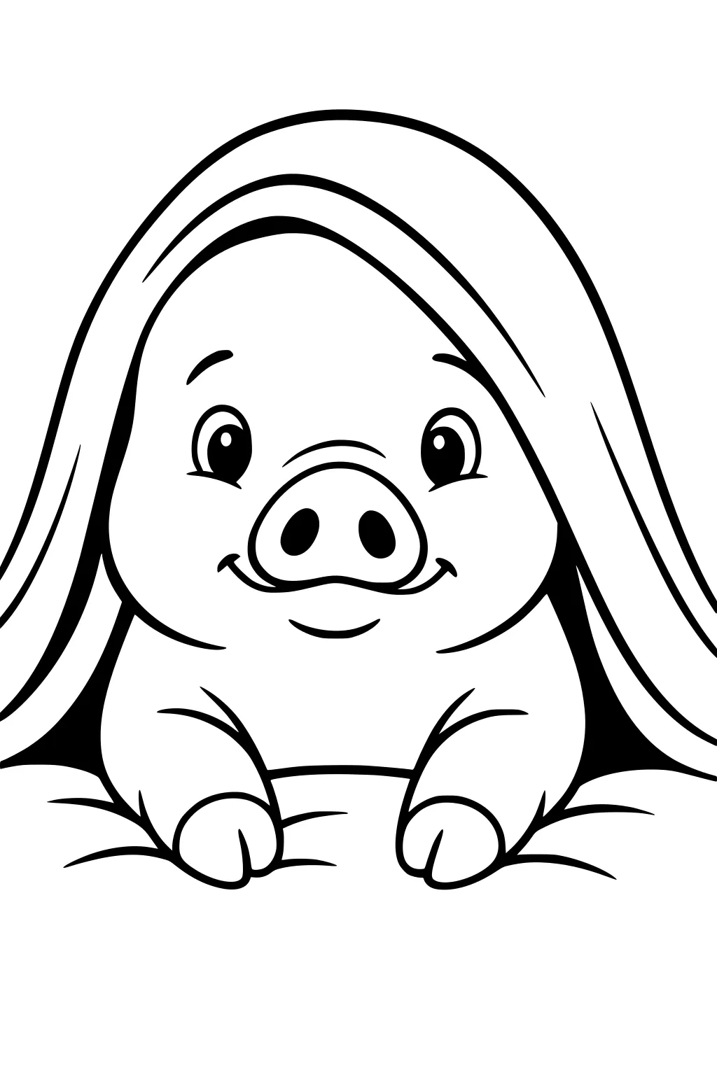 Pig with blanket draped over head, smiling, lying on soft surface with front hooves visible.