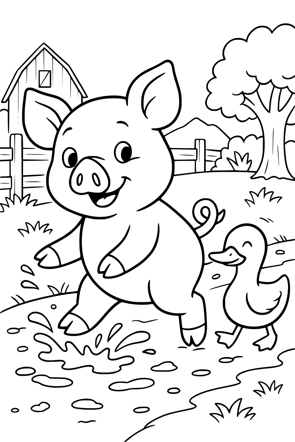 Smiling pig jumping in a muddy puddle with a duck, barn, fence, tree, and hills in the background.