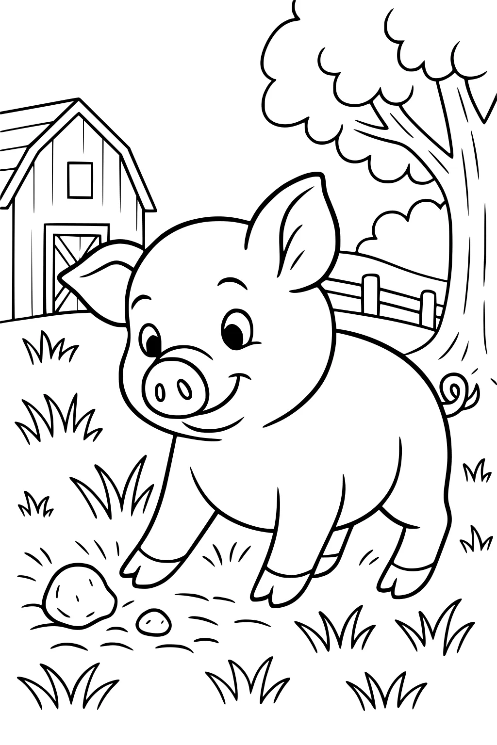 Smiling pig walking on grass with barn, tree, and fence in background. Pebbles on ground, fluffy clouds and grass clumps all around.